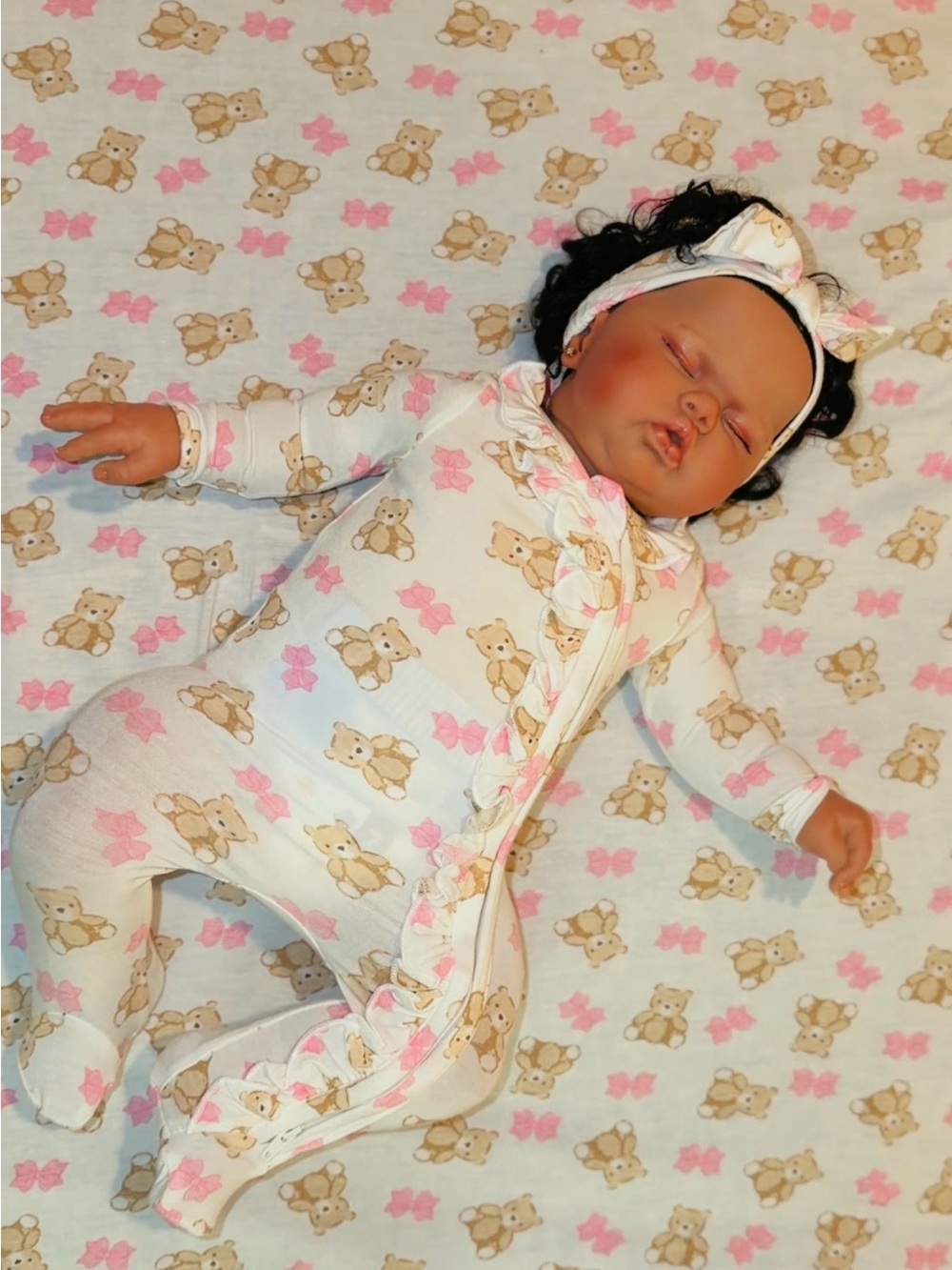 Baby Girls' Pink & Cream Bear Print Footed Pajamas with Headband and blanket